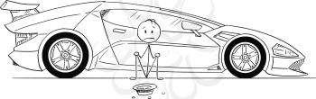 Cartoon stick drawing conceptual illustration of man, owner of expensive super sport car, sitting and begging for gas money. Concept of luxury and poverty.