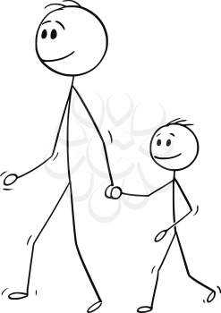 Cartoon stick drawing conceptual illustration of father walking with son and holding his hand.