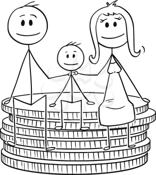 Cartoon stick drawing conceptual illustration of happy family sitting on small stack of coins. Concept of family finance and budget.