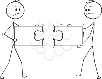 Cartoon stick man drawing conceptual illustration of two businessmen holding and trying to connect two unmatching pieces of jigsaw puzzle. Business concept of problem and malfunction teamwork or cooperation.