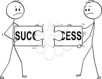 Cartoon stick man drawing conceptual illustration of two businessmen holding and trying to connect two unmatching pieces of jigsaw puzzle with success text. Business concept of cooperation failure in team .