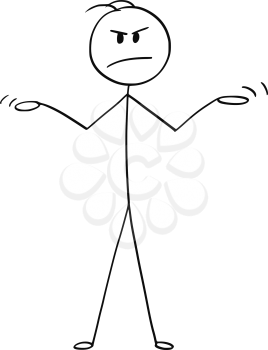 Cartoon stick drawing conceptual illustration of angry man or businessman spreading his arms in innocence or uncomprehending gesture.