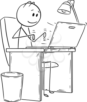 Cartoon stick drawing conceptual illustration of smiling man or businessman working or typing in office on laptop or notebook computer.
