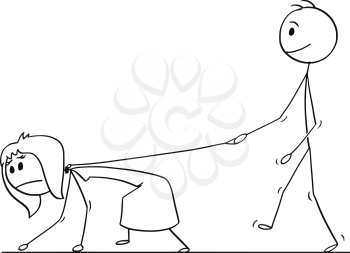 Cartoon stick drawing conceptual illustration of man walking with woman on a leash. Concept of love,relationship and dominance.
