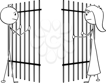 Cartoon stick drawing conceptual illustration of couple of man and woman divide by prison iron bars. Concept of obstacles in love and relationship difficulties.