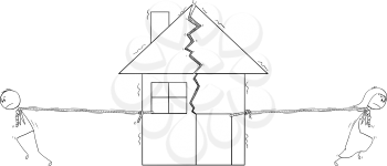 Cartoon stick drawing conceptual illustration of broken couple after divorce in bad relationship. Man and woman are pulling in different directions breaking house in two parts.