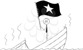 Cartoon stick drawing conceptual illustration of politician standing depressed on sinking boat waving the flag of Socialist Republic of Vietnam