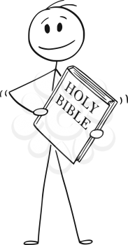 Cartoon stick drawing conceptual illustration of smiling man holding big holy bible book.