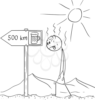 Cartoon stick drawing conceptual illustration of man walking thirsty without water through hot desert and found arrow sign with beer 500 km or kilometers symbol.