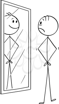 Cartoon stick drawing conceptual illustration of man sad depressed man looking at himself in the mirror but seeing smiling and cheerful yourself.