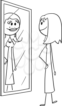 Cartoon stick drawing conceptual illustration of ordinary woman or girl looking at herself in the mirror and seeing yourself more attractive. Concept of false confidence and reality.
