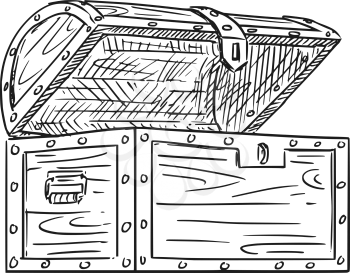 Cartoon Drawing Illustration of empty wooden treasure chest.