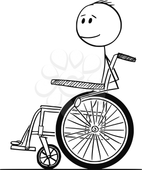 Cartoon stick drawing conceptual illustration of smiling disabled man man sitting on a wheelchair.