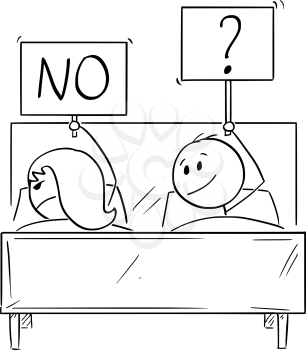 Cartoon stick drawing conceptual illustration of couple in bed. Man wants sexual intercourse, woman is rejecting and going to sleep. Concept of sexual life problem.