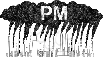Vector artistic pen and ink drawing illustration of smoke coming from industry or factory smokestacks or chimneys into air. Environmental concept of particulate matter or PM air pollution.