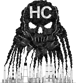 Vector artistic pen and ink drawing illustration of smoke coming from industry or factory smokestacks or chimneys creating human skull shape in air. Environmental concept of toxic and deadly HC or hydrocarbon air pollution.