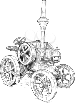 Vector artistic pen and ink drawing of old tractor. Tractor was made in Germany in 1923 or 20's.