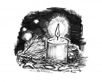 Black brush and ink artistic rough grunge hand drawing of burning candle and Christmas decorations.