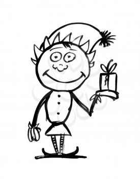 Black brush and ink artistic rough grunge hand drawing of smiling Santa's Christmas elf holding gift box.