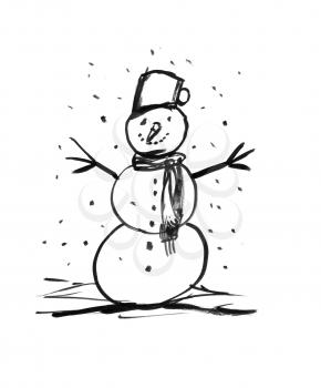 Black brush and ink artistic rough grunge hand drawing of smiling winter snowman.