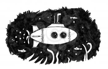 Black brush and ink artistic rough hand drawing of retro submarine diving underwater in ocean.