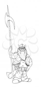 Black and white ink artistic rough hand drawing of fantasy dwarf holding big halberd or axe.