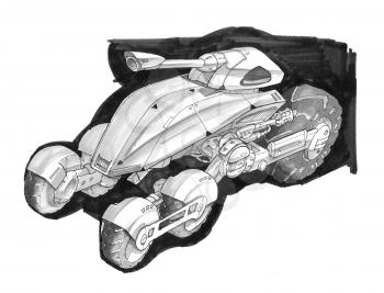 Black and white rough ink concept art drawing of sci-fi future military tank design.