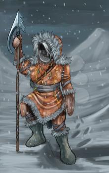 Concept art digital painting or illustration of fantasy warrior hunter in fur clothing with spear or harpoon.