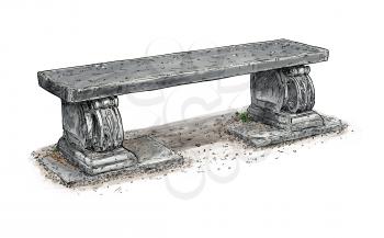 Artistic digital illustration of old , antique and ornamental park or garden bench made from stone.