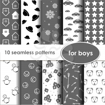 Set of 10 grey seamless patterns for boys.  Can be used for wallpaper, website background, textile printing