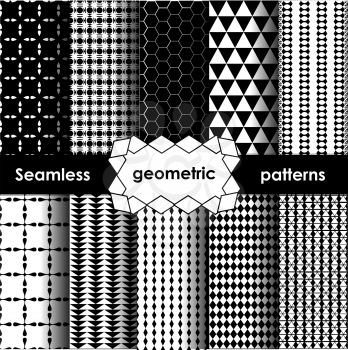 Vector Geometric Seamless Patterns Set. Black and white Textures on white
