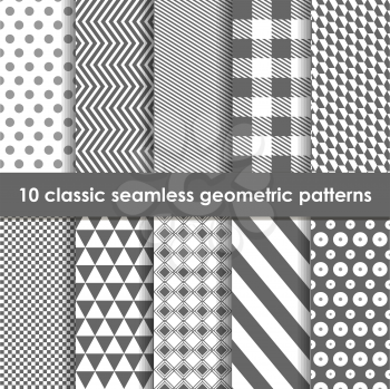 Set of 10 monochrome classic seamless geometric patterns. May be used as background, backdrop.
