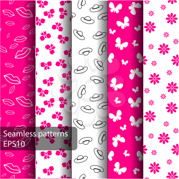 Set of seamless pink patterns and backgrounds for girls . Ideal for printing onto fabric and paper or scrap booking.