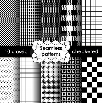 Set of checkered simple fabric seamless pattern in black and white. 10 classic ornaments
