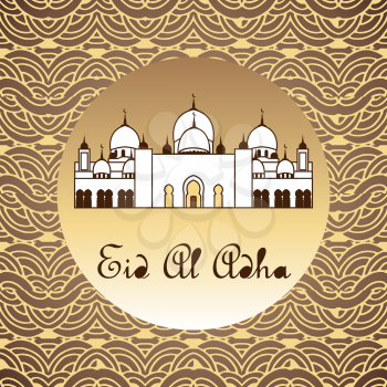 Eid Al Adha mubarak greeting card with white mosque. Vector illustration