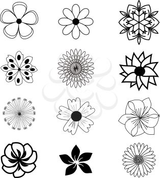 Set of flat flower icons in silhouette isolated on white. Simple designs in black and white. Can be used for gift wrapping paper, textiles, wallpaper.