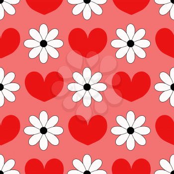 Seamless background with hearts and chamomiles. Can be used as fabric texture, template for cards, background