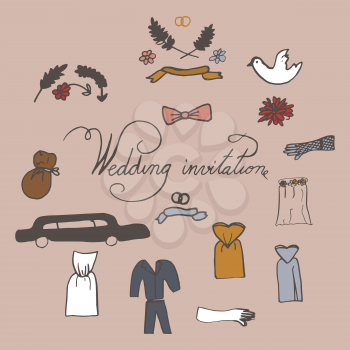 Hand drawn doodle Wedding day collection Vector illustration Sketchy Marriage icons. Set of icons for Engagement, get married, love and romantic event Bride