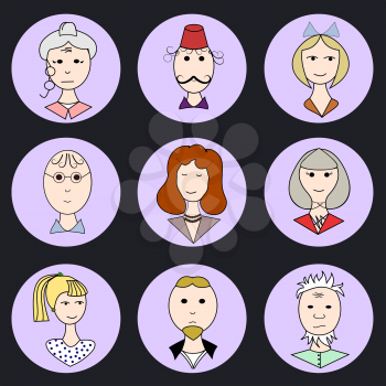 Set of color flat family icons in round frame