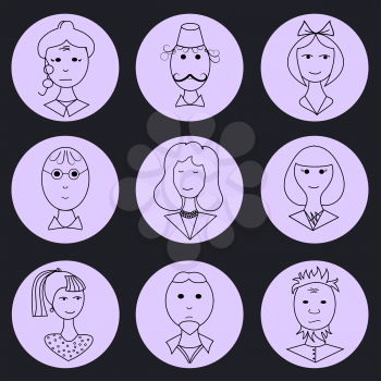 Set of line family icons in round frame