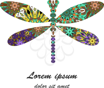 Dragonfly icon vector illustration on white background decorated with colorful mandala pattern. Can be used as logo for fashion, jewellery shop and as decor for greeting cards, brochures etc.