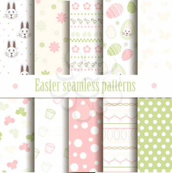 Cute easter vector patterns. Endless texture can be used for printing onto fabric and paper or scrap booking. Seamless pattern with chickens, rabbits, flowers, easter eggs for your design