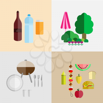 picnic icon set with four components of a picnic - food, drinks, utensils and grill, nature