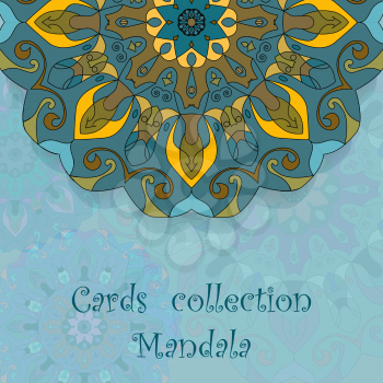Card design with mandala pattern.  Indian, arabic, orient motifs in blue, orange and brown colors. Can be used for yoga studio, booklet template, greeting card etc.