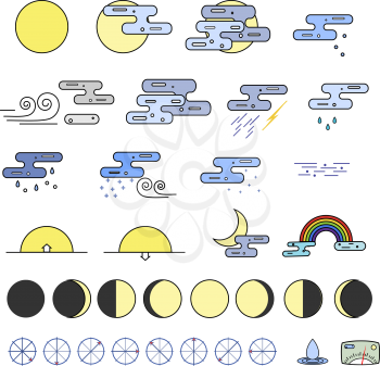 Weather Icons collection and the phases of the moon. Outline modern style. Colorful icons