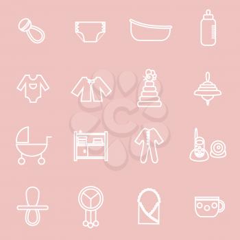 Outline flat web icon set. Baby equpment, toys, feeding and care