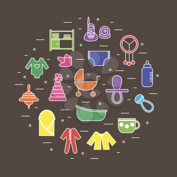 Flat colorful icons on baby themes composed in circle shape on brown background. Can be used for baby shower cards, invitations etc.