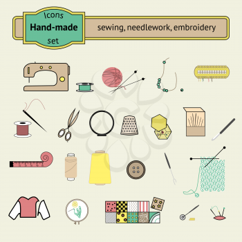 Knitting, sewing and needlework line colorful icons collection. Knitting items, sewing equipment and needlework elements