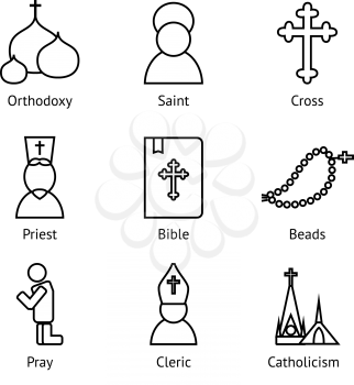 Jesus Christ religion icons set. Christianity pictograms outline style