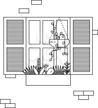 Architectural element Window with shutters and flowers. Flat outline style vector illustration
